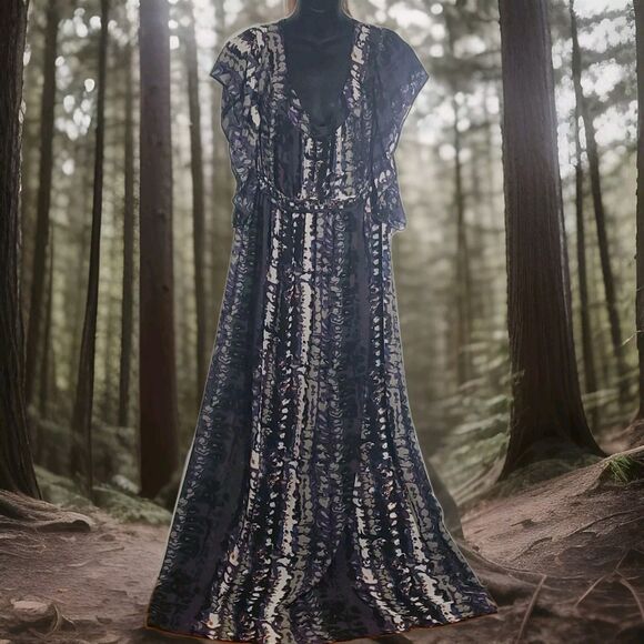 Loop Size 18 Abstract Print Ruffled Sheer Cover-Up Maxi Dress Beach Whimsical - Picture 2 of 13